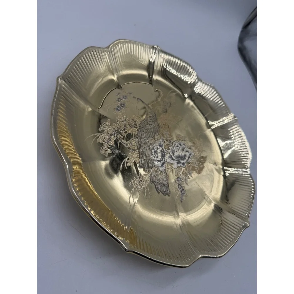 Vintage Gold Tone Etched Peacock Scalloped Decorative Plate Floral 10.25 Inch